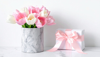 Elegant pink and white tulips in a marble vase with a gift box tied with a pink ribbon