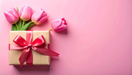 Elegant gift box with pink tulips and a satin ribbon, perfect for celebrations