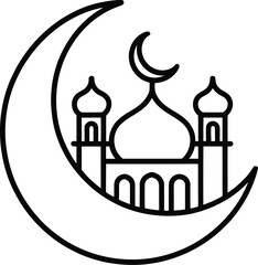 Obraz premium Islamic crescent moon with mosque outline vector illustration