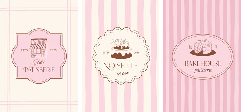 Retro pastry shop and bakery label set. Vintage illustrations of cakes and sweets for cafe logos and branding. 