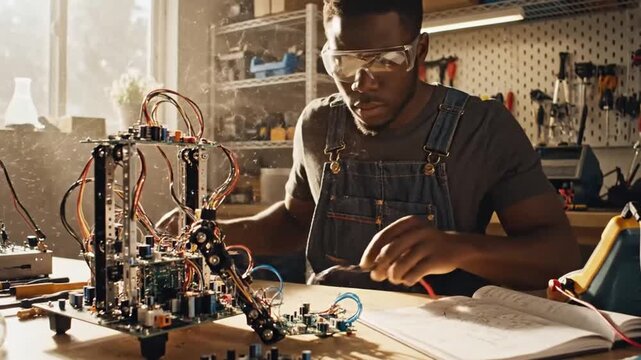 Young Black man assembling electronics in sunny workshop