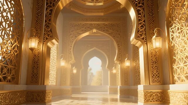 Ornate golden archways in a majestic hall with intricate designs and soft lighting creating an ethereal atmosphere.