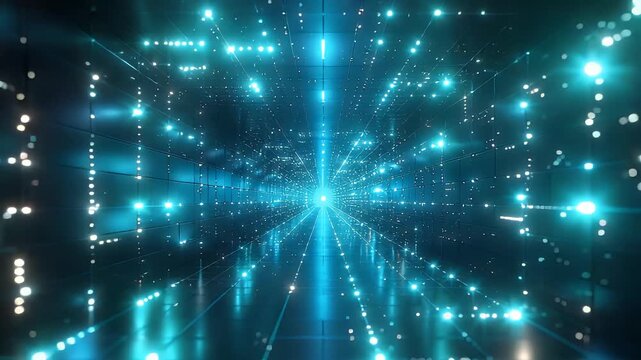 Futuristic tunnel with glowing lights and reflections, Science and Technology concept, motion and depth perception.