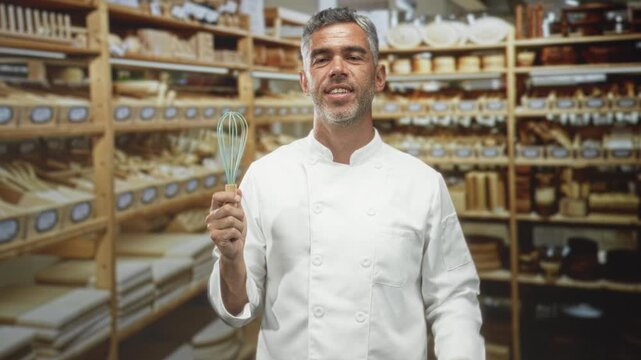 Man chef in pantry building smiling holds whisk and points finger to whisk; confidence craft expertise.