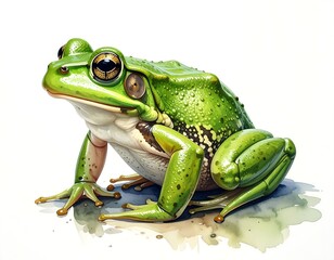 Obraz premium A vibrant, watercolor-style illustration of a large, green frog with big eyes, detailed skin, and realistic shadows