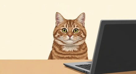 orange tabby cat sitting at a desk with a laptop computer in a modern workspace or office setting environment.