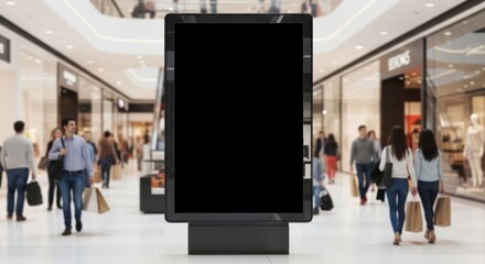 Obraz premium Digital signage display screen mockup in shopping mall with people walking and shopping in background with blank screen space available