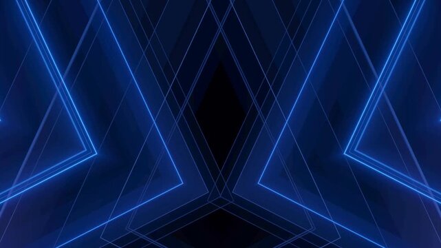 Abstract blue neon geometric lines forming symmetrical patterns on a dark background create a professional and high tech digital motion graphic.