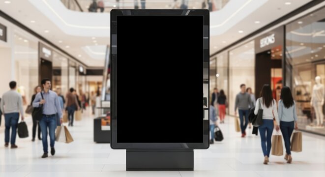 Digital signage display screen mockup in shopping mall with people walking and shopping in background with blank screen space available