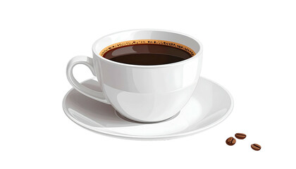 Obraz premium Steaming cup of dark coffee on a saucer, next to some coffee beans