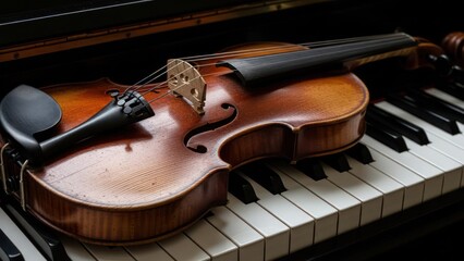 Fototapeta premium Close-up of a wooden violin resting on the keys of a grand piano