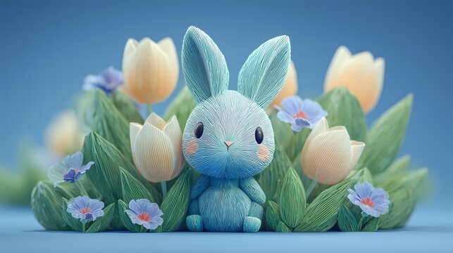 Cute Easter Bunny on Colorful Egg in 3D Pop Art Style, Spring Holiday Celebration