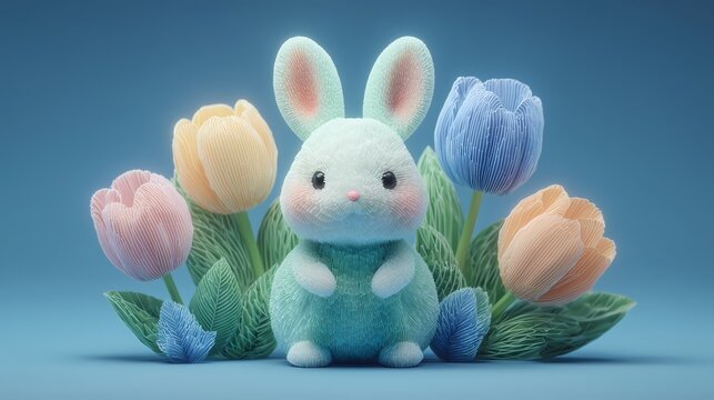 Cute Easter Bunny on Colorful Egg in 3D Pop Art Style, Spring Holiday Celebration