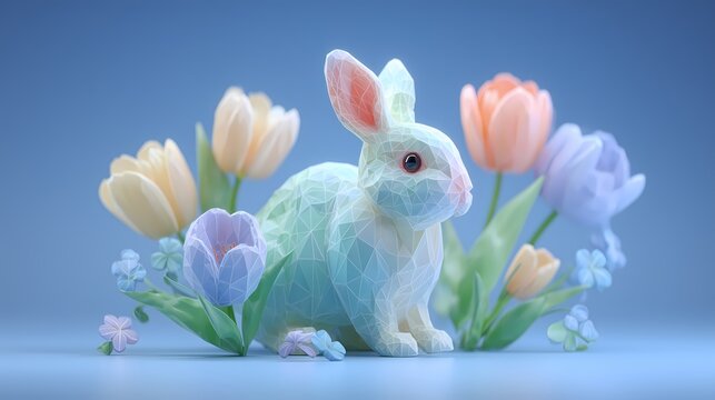 Cute Easter Bunny on Colorful Egg in 3D Pop Art Style, Spring Holiday Celebration