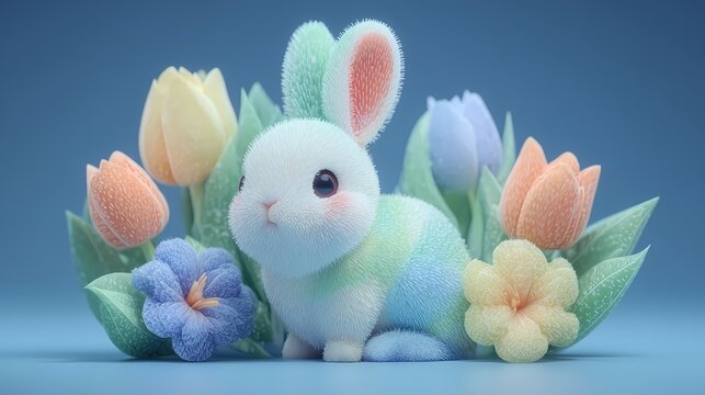 Cute Easter Bunny on Colorful Egg in 3D Pop Art Style, Spring Holiday Celebration