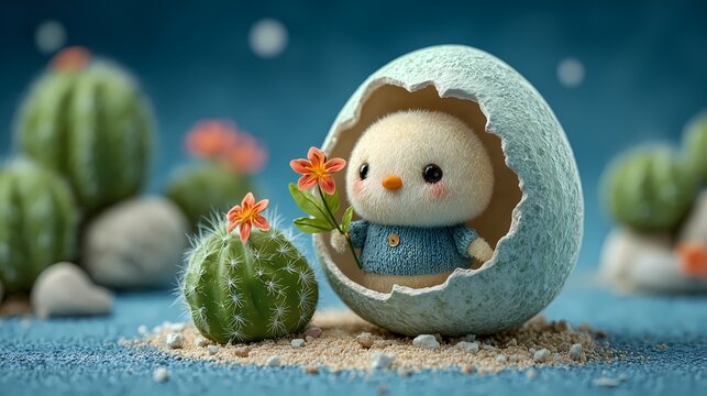 Cute Easter Bunny on Colorful Egg in 3D Pop Art Style, Spring Holiday Celebration