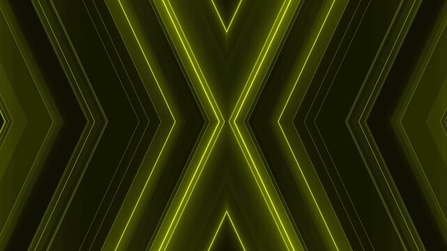 Abstract yellow neon light lines forming a symmetrical X pattern move outward to create a bold and modern futuristic geometric background.