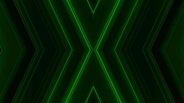 Abstract green neon light lines forming a symmetrical X pattern move outward to create a bold and modern futuristic geometric background.