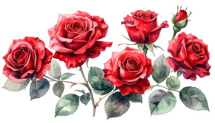 Fototapeta premium A vibrant watercolor-style illustration showcases a cluster of six blooming roses in varying stages, featuring red petals and green leaves