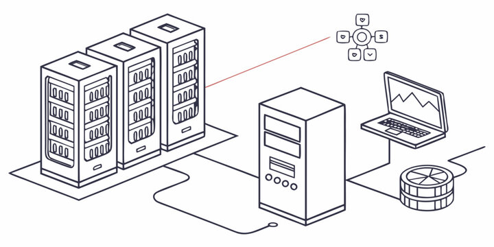 A visual representation of a network infrastructure with servers and data storage