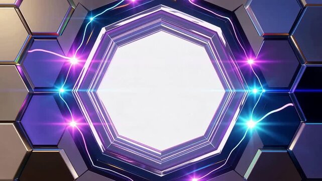 Futuristic Neon Hexagon Portal with Neon Rings and Geometric Lights.