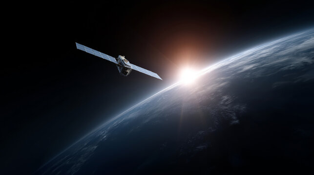 Space satellite with antenna and solar panels in space against the background of the earth. Telecommunications, high-speed Internet, space exploration. copy space. image furnished