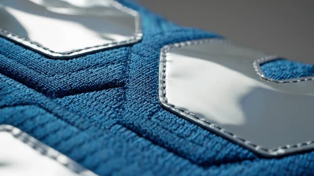 Textured blue fabric with shiny silver stitched elements close-up