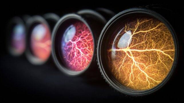 Ophthalmic Examination Tool Shows Detailed Retinal Pattern in Macro Shot Under Clinical Lighting at a Medical Facility