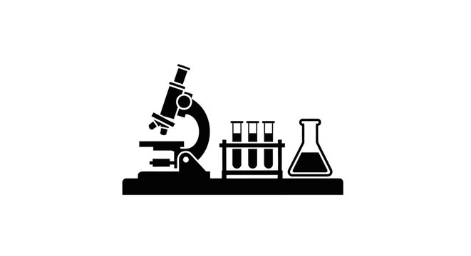 Microscope and laboratory equipment silhouette on a white background, representing science and research