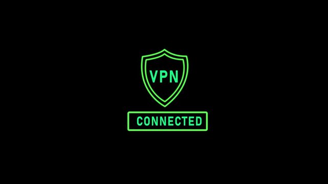 VPN, Virtual private network protocol line animation of VPN icon on a virtual screen for connecting to VPN network. Cyber security system with shield icon