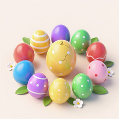 isometric, colorful easter eggs with flowers and green leaves against a cream background, with "easter eggs" text