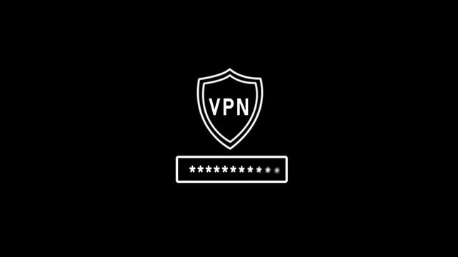 Digital VPN shield security logo icon with password field for secure private network connection and online privacy protection on dark background.
