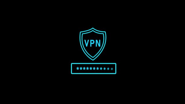Digital VPN shield security logo icon with password field for secure private network connection and online privacy protection on dark background.
