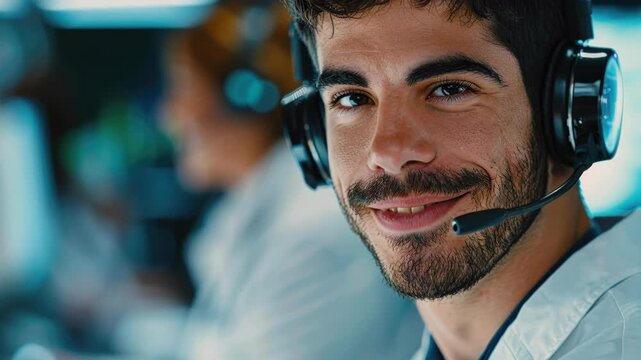 Happy call center agent : A content call center employee wearing a headset exudes friendliness and efficiency, representing the core values of customer service.