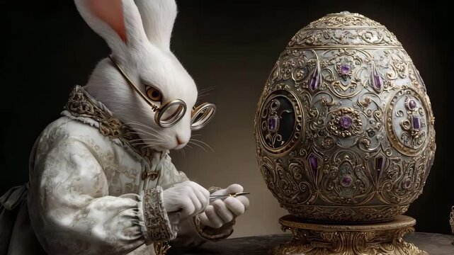 Steampunk rabbit in glasses carving ornate faberg&eacute; egg with intricate details