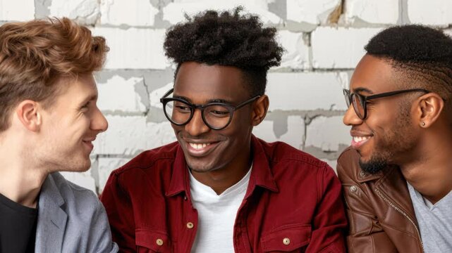 United in a Moment of Camaraderie: Three diverse young men, engaged in an animated and joyous conversation, their faces etched with smiles and shared laughter.