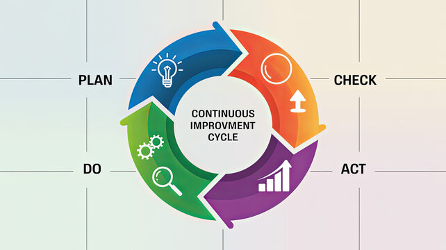 Continuous Improvement Cycle: An illustrative depiction of the continuous improvement cycle, showing a cyclical flow, emphasizing plan, do, check, and act phases with relevant icons.