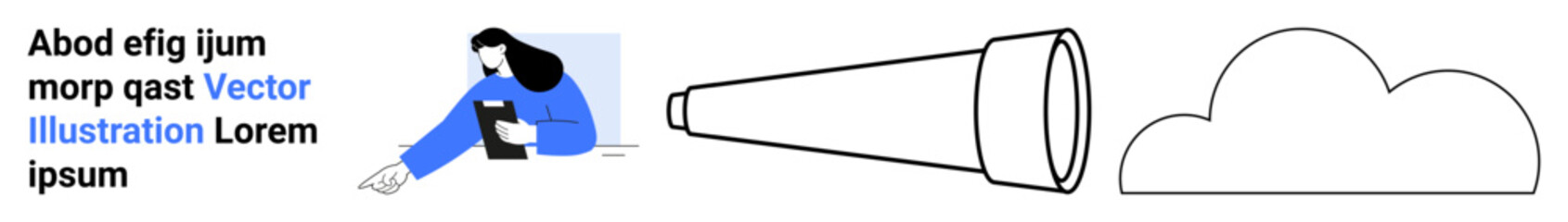 Vision, business planning, future outlook, exploration, cloud computing, strategy. Woman reading document, telescope and abstract cloud graphic. Vision and business planning concept