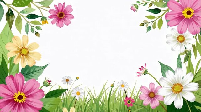 Floral Border Scene with Pink White and Yellow Flowers.
