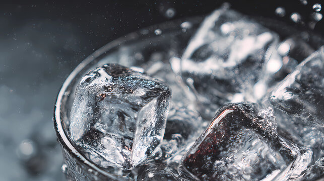 Macro shot of melting ice cubes in a cold glass showing frosty condensation and water droplets, Generative AI illustrations.