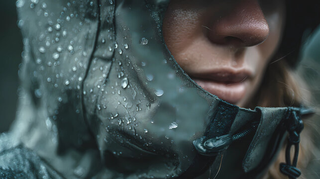 Close-up of Rain Droplets on Waterproof Jacket with Fabric Weave, Generative AI illustrations.