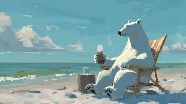 A polar bear relaxing on a beach chair by the ocean, enjoying an ice cream cone on a sunny day.