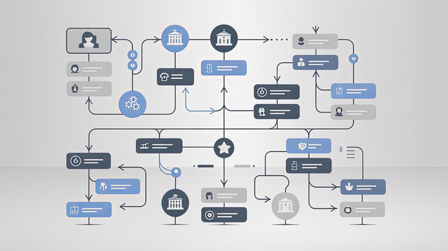 System Flowchart of Information: An intricate infographic meticulously mapping the pathways of information and data flow, representing the complexities of modern systems and processes. 
