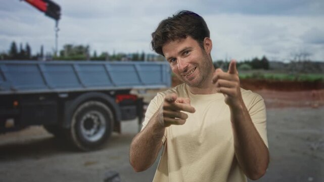 Man points finger to camera while smiling beside a flatbed truck on street near a muddy construction lot and distant trees; playful charm.