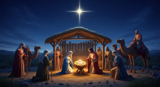 Nativity scene depicting the birth of jesus christ with mary joseph shepherds and wise men under a bright star
