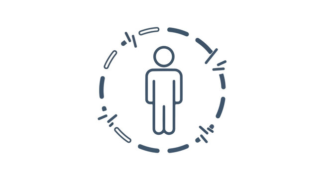 Simple blue line icon of a person surrounded by a dashed circle with motion lines on a white background.
