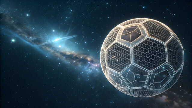 Glowing wireframe soccer ball in cosmic nebula with stars full hd 4k stock image download football sport
