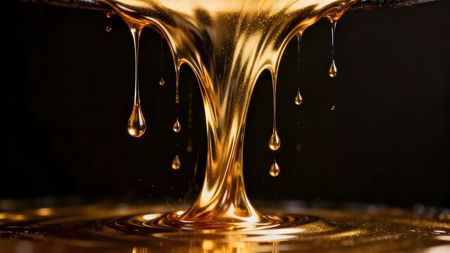Golden viscous liquid dripping and swirling against a dark background