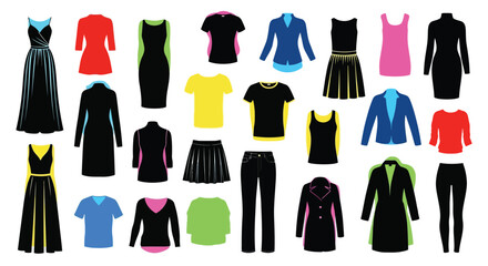 Colorful collection of diverse women s clothing items arranged on a white background