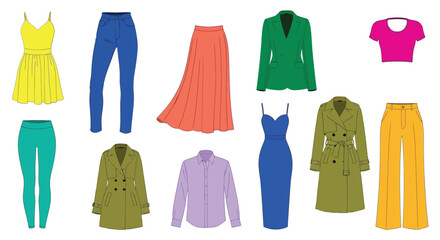 Assorted colorful clothing items displayed in a flat lay arrangement